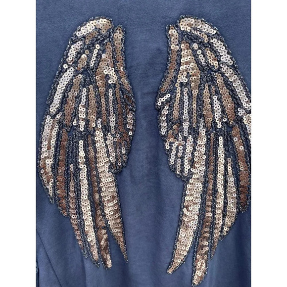 Womens Long Sleeve Italian Military Style Sequins Angel Wings Shirt Top Blue M - Picture 4 of 10